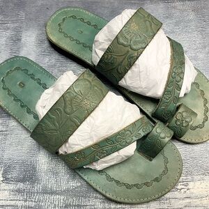 Green Boho Floral Embossed Leather Slide Sandals